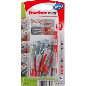 Fischer Duopower 8x40 S K tasselli, set con viti, adatti a diversi materiali da costruzione.