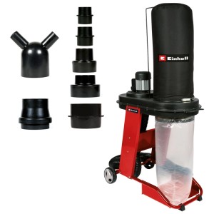 Aspiratore Einhell TE-VE 550/2 A con adattatori, telaio rosso e sacco di raccolta nero.