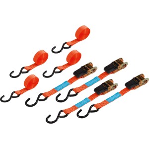 Lot de 4 sangles d'arrimage orange avec crochets et cliquet pour un transport sécurisé.