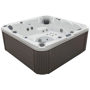 Planet Spa Whirlpool Brissago, 1100 l, spa fixe d'extérieur avec habillage marron et cuve blanche.