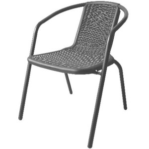 Sedia impilabile grigia in polyrattan intrecciato e struttura in acciaio con braccioli. Per giardino, terrazzo, balcone.