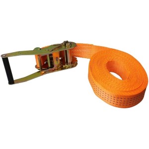 Sangle d'arrimage orange avec cliquet, longueur 8 m. Idéale pour sécuriser les charges.