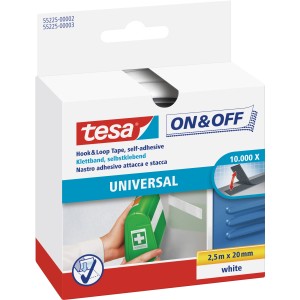 Tesa® On & Off Bande auto-agrippante universelle, 2,5 m x 20 mm, Blanc, sur l'emballage.