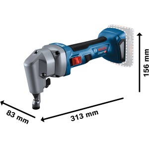 Rosicchiatrice a batteria Bosch Professional GNA 18 V-16 E Solo, blu-argento, con dimensioni.