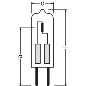 Illustration d'une ampoule halogène Osram G4 en forme tubulaire avec dimensions.