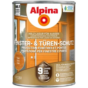 Alpina Fenster- & Türen-Schutz Teak, 2,5 l Dose Holzlasur für Aussenanwendung.