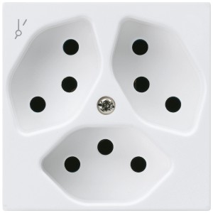 Prise blanche Hager Kallysto avec 3 inserts T13 et plaque frontale.