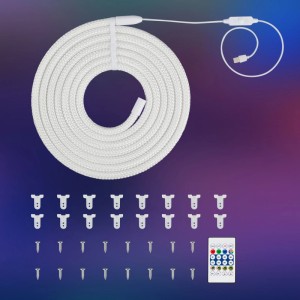 Brilo LED-Gewebeschlauch RGBIC 5m weiß mit Fernbedienung, USB-Kabel und Montageclips.