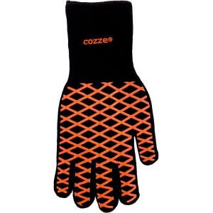 Cozze Pizzahandschuh, schwarz mit orangem Rautenmuster, hitzebeständig.