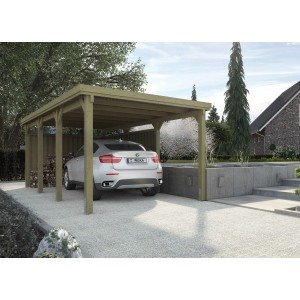 Weka carport a tetto piatto 617 Gr. 2 con tetto in plastica grigia e auto. Robusto carport singolo con pali da 12 cm.