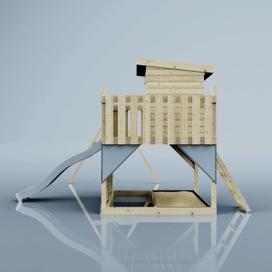 Torre gioco PolarPlay Björn con scivolo, scala e altalena in blu ghiaccio. Struttura in legno per bambini.