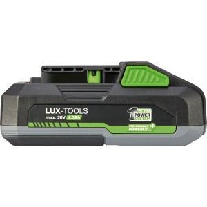 Batterie LUX-TOOLS AK-20/4.0, 20 V, 4 Ah pour outils électriques 1 PowerSystem en noir et gris.