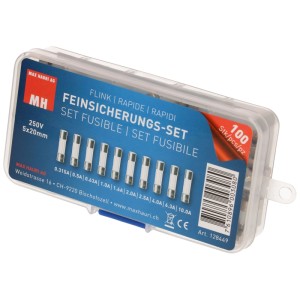 Set di fusibili a intervento rapido, 5x20 mm, diversi amperaggi in scatola trasparente.
