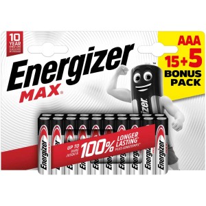 Piles alcalines Energizer Max AAA, lot de 20 (15+5), longue durée.