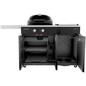 Barbecue a gas Outdoorchef Lugano 570 G Evo II, grill nero con spazio di stoccaggio e bruciatore laterale.