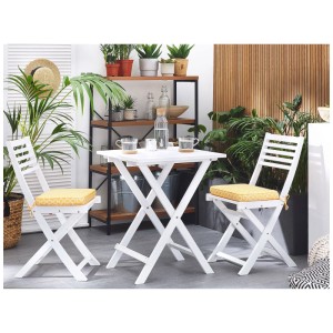 Ensemble balcon 3 pièces Fiji, bois acacia blanc, coussins jaunes. Table et chaises pliantes pour balcon ou terrasse.