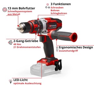 Trapano avvitatore a percussione a batteria Einhell TE-CD 18/48 Li-i-Solo con impugnatura supplementare.