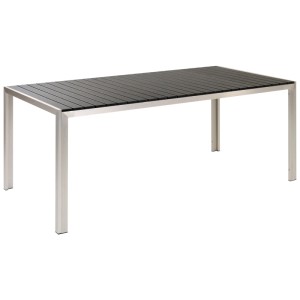 Ensemble de meubles de jardin Beliani Nardo : Table avec plateau en bois synthétique noir et structure en aluminium argenté.