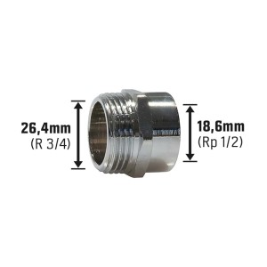 Nipplo riduttore filettato in ottone cromato, 26,4 mm (R 3/4) x 18,6 mm (Rp 1/2) per raccordi filettati.