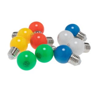 Set da 10 lampadine LED E27 G45 colorate per esterni, bianco caldo, rosso, giallo, verde, blu, bianco.