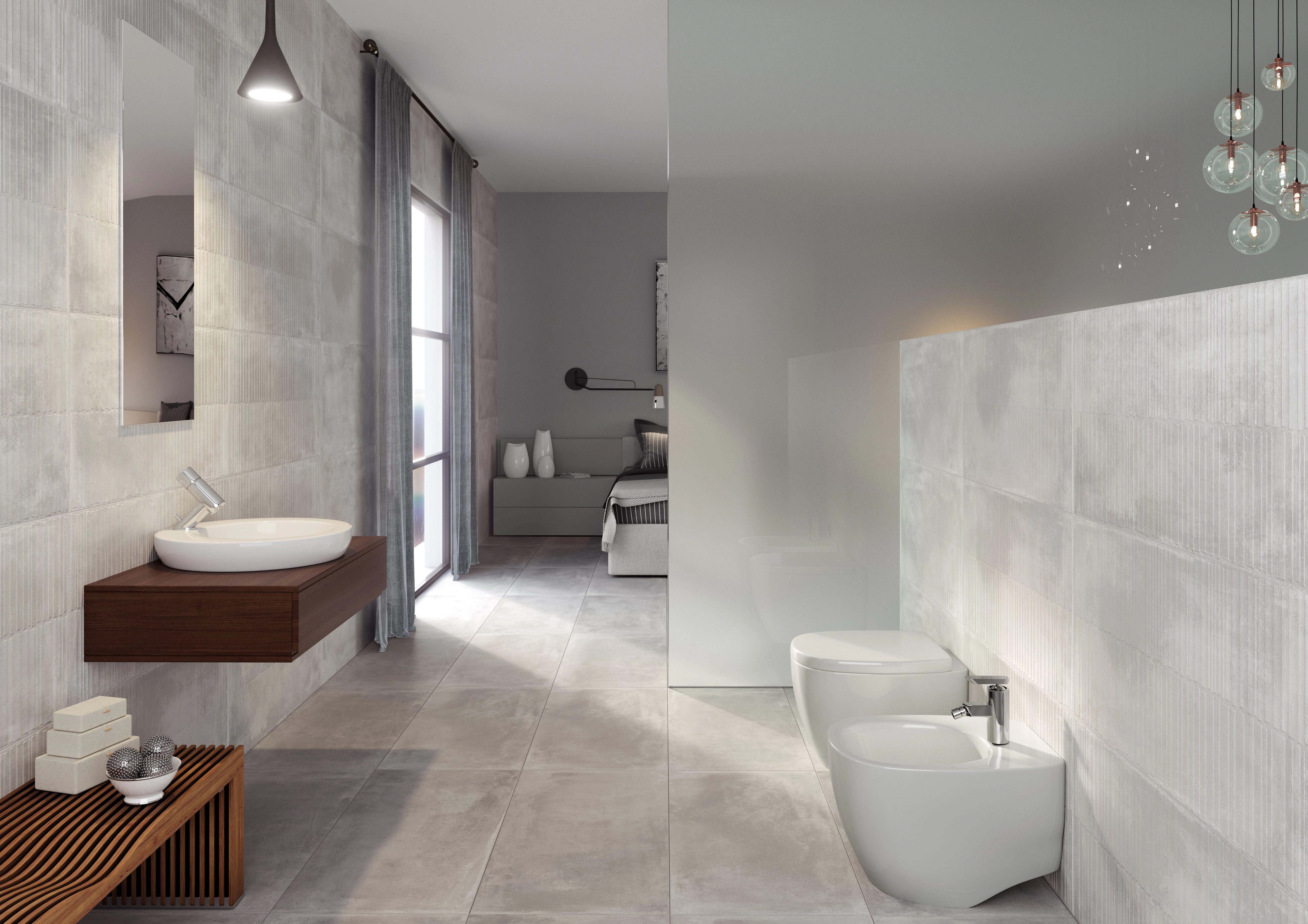 Vuoto nuovo bagno con ceramica beige piastrelle rettangolari