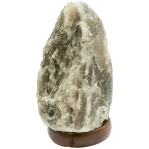 Lampada da tavolo grigia Globo Stone in cristallo di sale su base in legno. Lampada da tavolo di design per un'illuminazione d'atmosfera.