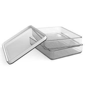 Set organizer frigo Rotho Loft, 2 pezzi, coperchi bianchi, contenitori trasparenti.