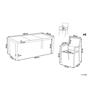 Disegno quotato del set mobili da giardino Beliani Cosoleto/Grosseto. Tavolo in vetro e 6 sedie in tessuto bianco con misure.