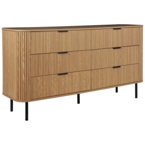 Commode marron Beliani Bradley avec six tiroirs et pieds en métal noir.