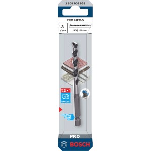 Punta da trapano Bosch Pro Hex-5 3 mm, argento, con codolo esagonale in blister. Per piastrelle, pietra, cemento.