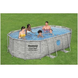 Set piscina Family Pool Bestway Power Steel con effetto pietra e persone in acqua.