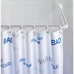 Barre d'angle blanche Wenko Universal Extra Strong avec rideau de douche dans la salle de bain.