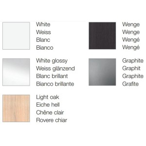 Sélection de couleurs pour meubles de salle de bain Laufen Pro S : Chêne clair, Blanc, Wengé, Graphite, Blanc brillant.