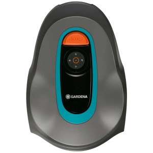 Gardena Sileno Minimo robot tagliaerba: corpo grigio con comandi e pulsante di stop arancione.