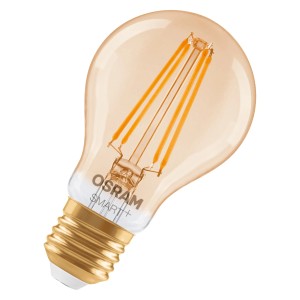 Lampadina LED dimmerabile Osram Matter E27, forma A53, 6W, con vetro dorato.