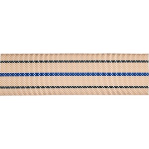 Sangle d'ameublement couleur chanvre, largeur 60 mm, avec rayures bleues et noires.