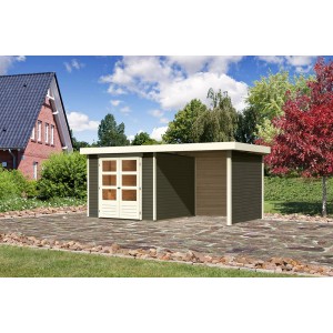 Casetta da giardino in legno Karibu Boras color terragrau con tetto piatto ed estensione. Casetta da giardino con doppia porta.