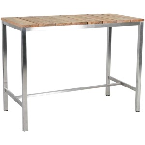 Bartisch Sydney mit Edelstahlgestell und Akazienholz-Tischplatte, ideal für Garten und Kellerbar.