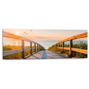 Next Deco Panel Beach Boardwalk: Quadro MDF con passerella sulla spiaggia e vista mare al tramonto.