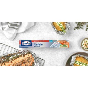 Rotolo Toppits alluminio extra resistente 20m, in confezione, con cibi avvolti. Per cucinare, cuocere, conservare.