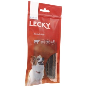 Eric Schweizer Lecky Dentinis Beef bâtonnets à mâcher pour chiens, 5 pièces en emballage rouge.