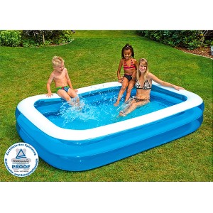 Piscina Family blu 262x175x50 cm con bambini che giocano in giardino.