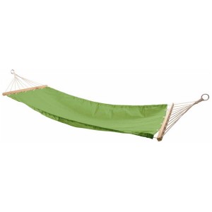 Amaca verde (70x200 cm) in cotone con barra distanziatrice per ore di relax in giardino.
