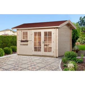 Weka Weekendhaus 155 : Abri de jardin en bois avec toit rouge, double porte et fenêtres à croisillons.