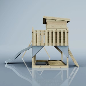 Torre gioco PolarPlay Nils con scivolo, altalena e casetta in legno non trattato.