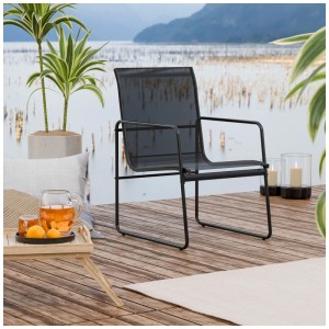 Sedia da giardino in acciaio nero con textilene, design moderno per patio e giardino.