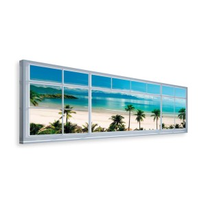 Deco Block Vista Spiaggia: Quadro da parete con cornice a finestra e scena di spiaggia tropicale.