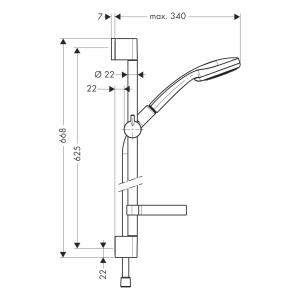 Disegno tecnico del set doccia Hansgrohe Croma 100 Vario con dimensioni.