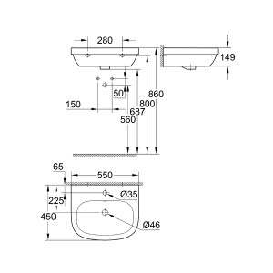 Disegno tecnico: Lavabo da appoggio Grohe Euro Ceramic, dimensioni e dettagli.