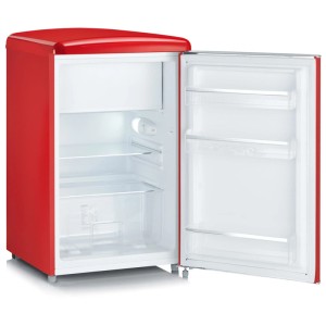 Offener, roter Severin Tischkühlschrank RKS 8830 im Retro-Design mit Glasablagen.